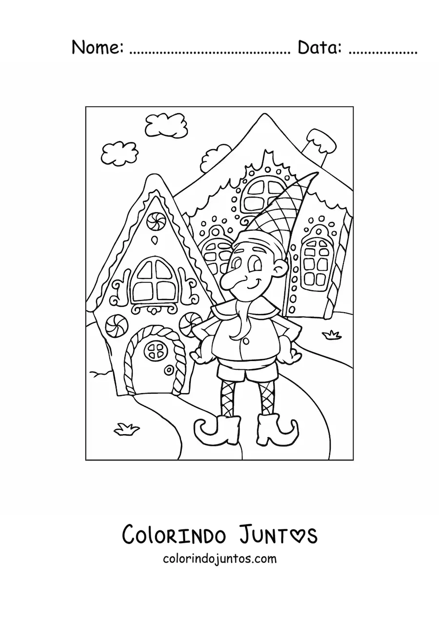 Desenho para colorir de duende de Natal com casa de gengibre
