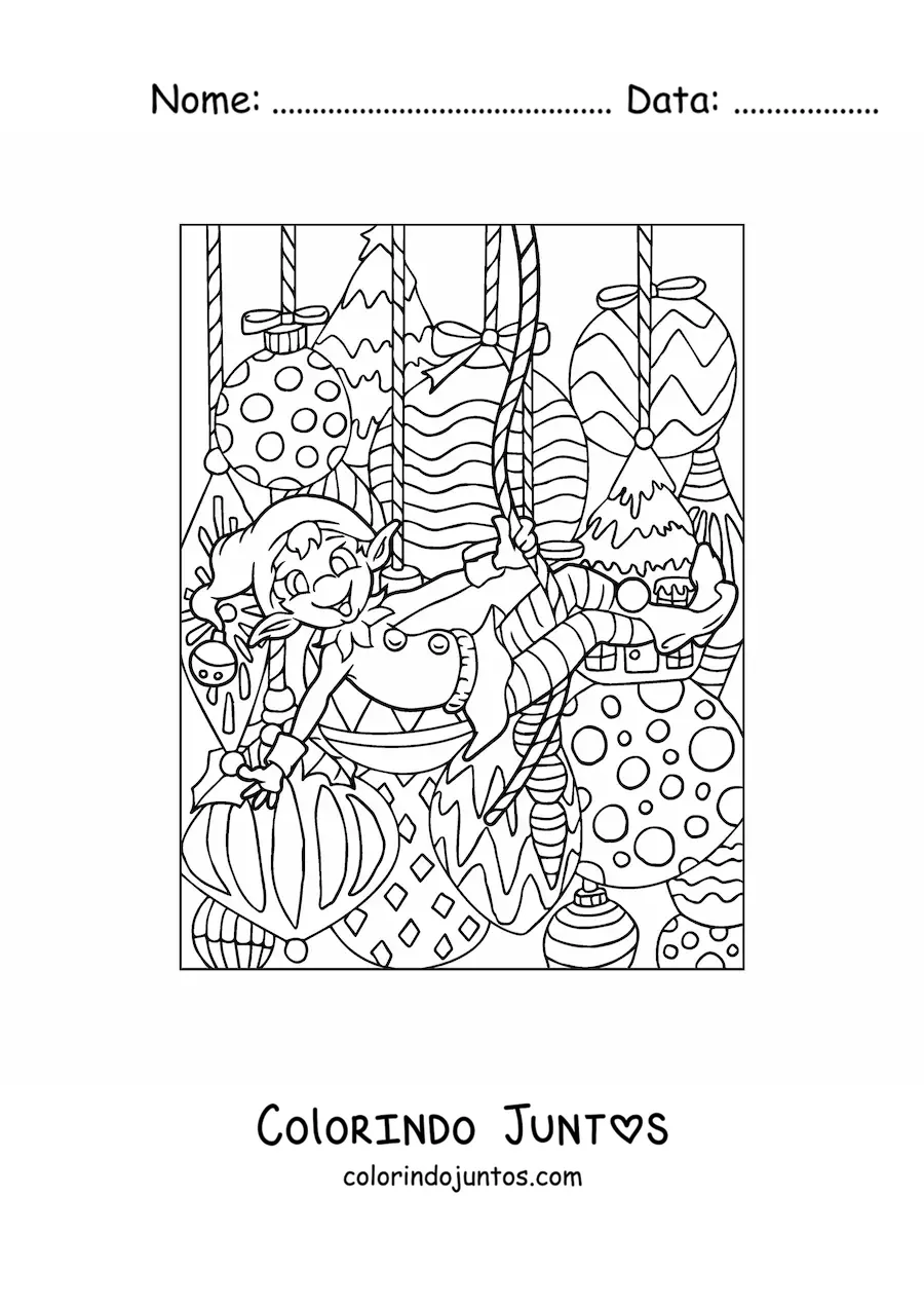 Desenho para colorir de duende de Natal com bolas de Natal