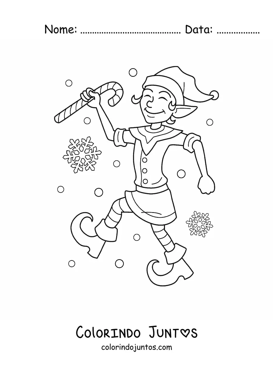 Desenho para colorir de duende de Natal com bengala doce