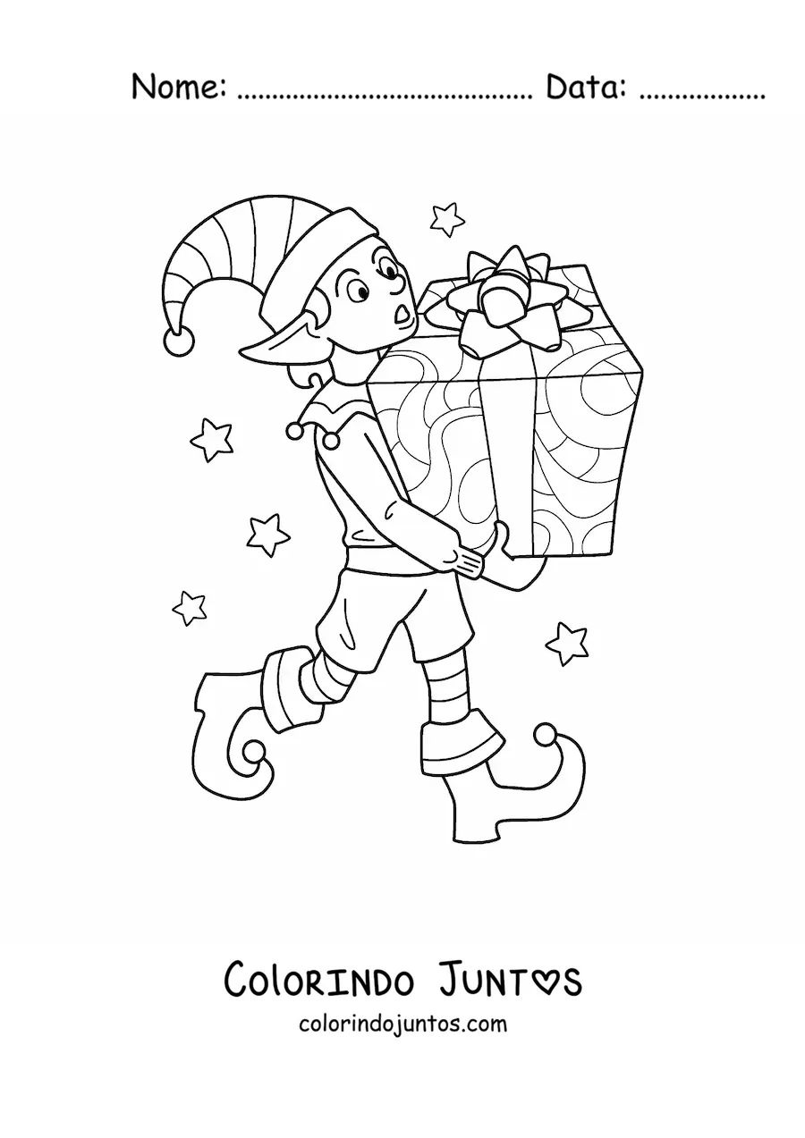 Desenho para colorir de duende de Natal com presente