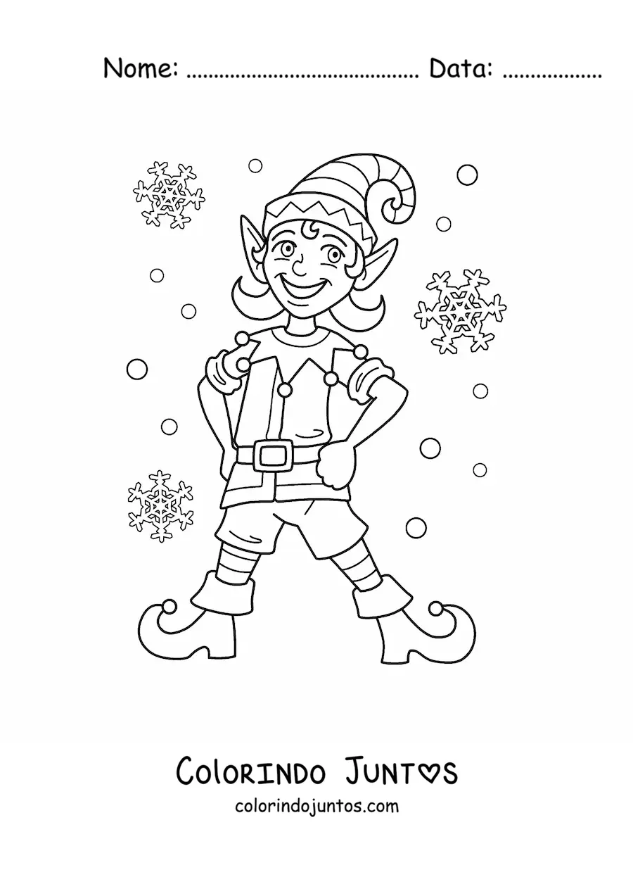 Desenho para colorir de duende de Natal com flocos de neve