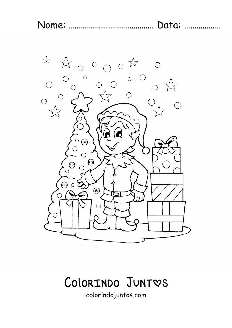 Desenho para colorir de duende de Natal junto a arvore e aos presentes