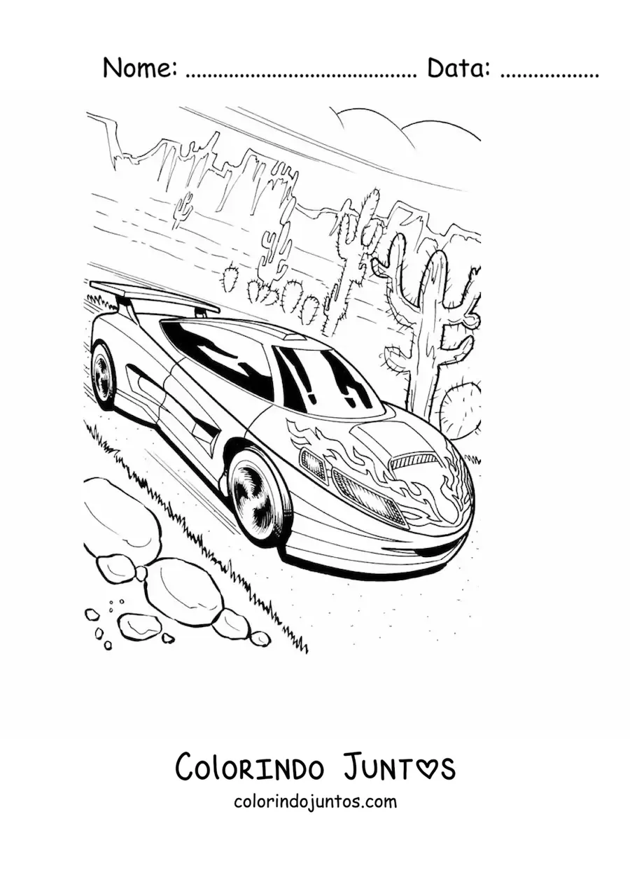 Desenho para colorir de um carro de corrida em alta velocidade em um deserto