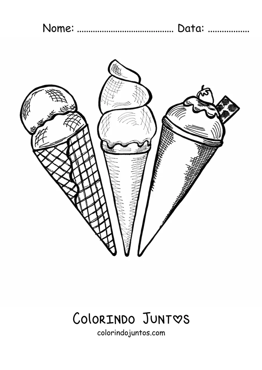 Desenho para colorir de três casquinhas de sorvete de sabores diferentes