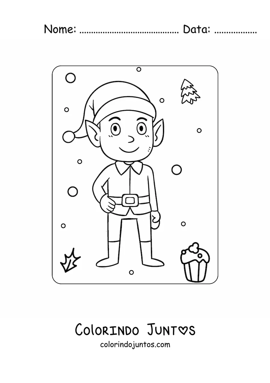 Desenho para colorir de elfo de Natal animado vestido de Papai Noel
