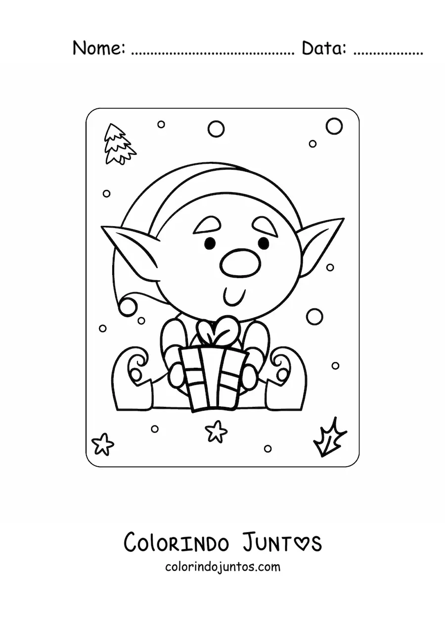 Desenho para colorir de elfo de Natal animado sentado com presente