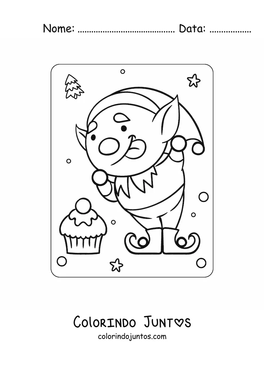 Desenho para colorir de elfo de Natal animado com doce