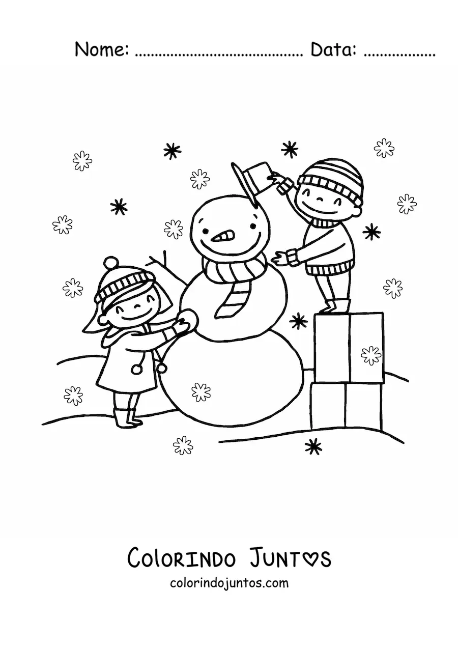 Desenho para colorir de criancas montando um boneco de neve no Natal