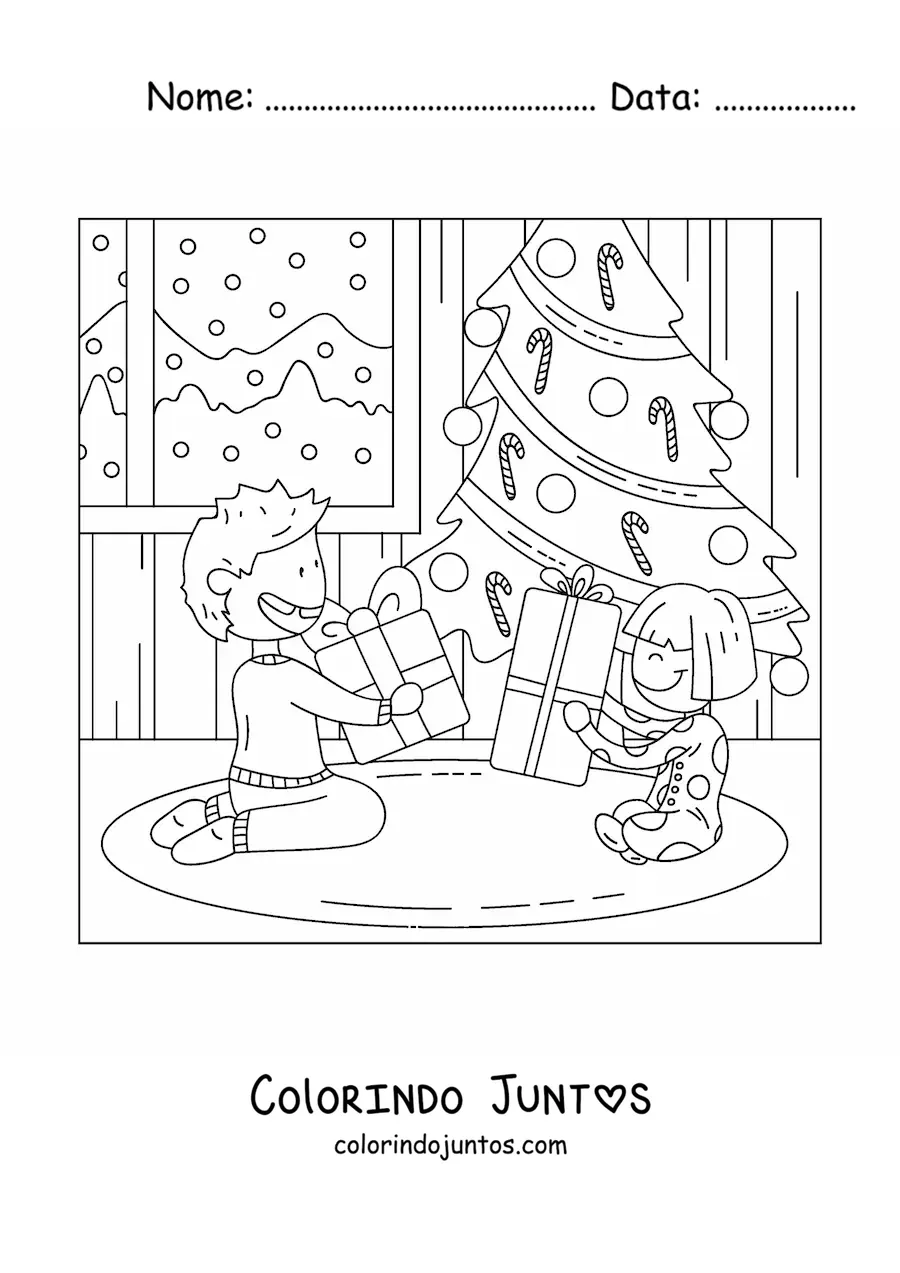 Desenho para colorir de criancas abrindo presentes em casa no Natal