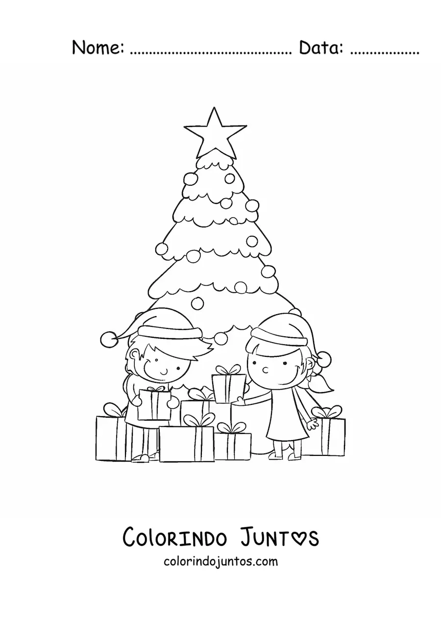 Desenho para colorir de criancas abrindo presentes junto a arvore de Natal