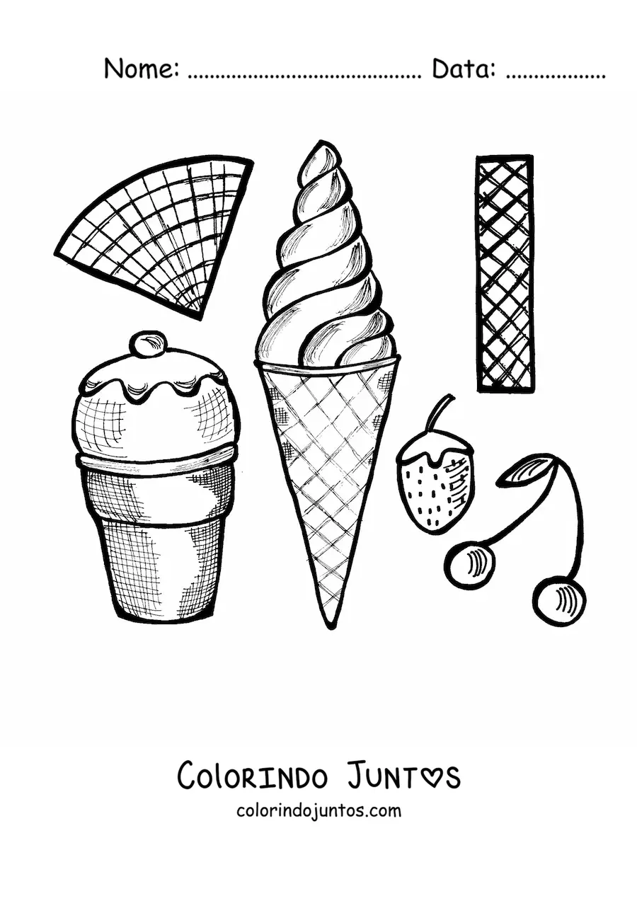Desenho para colorir de dois sorvetes com casquinhas de morango e cereja