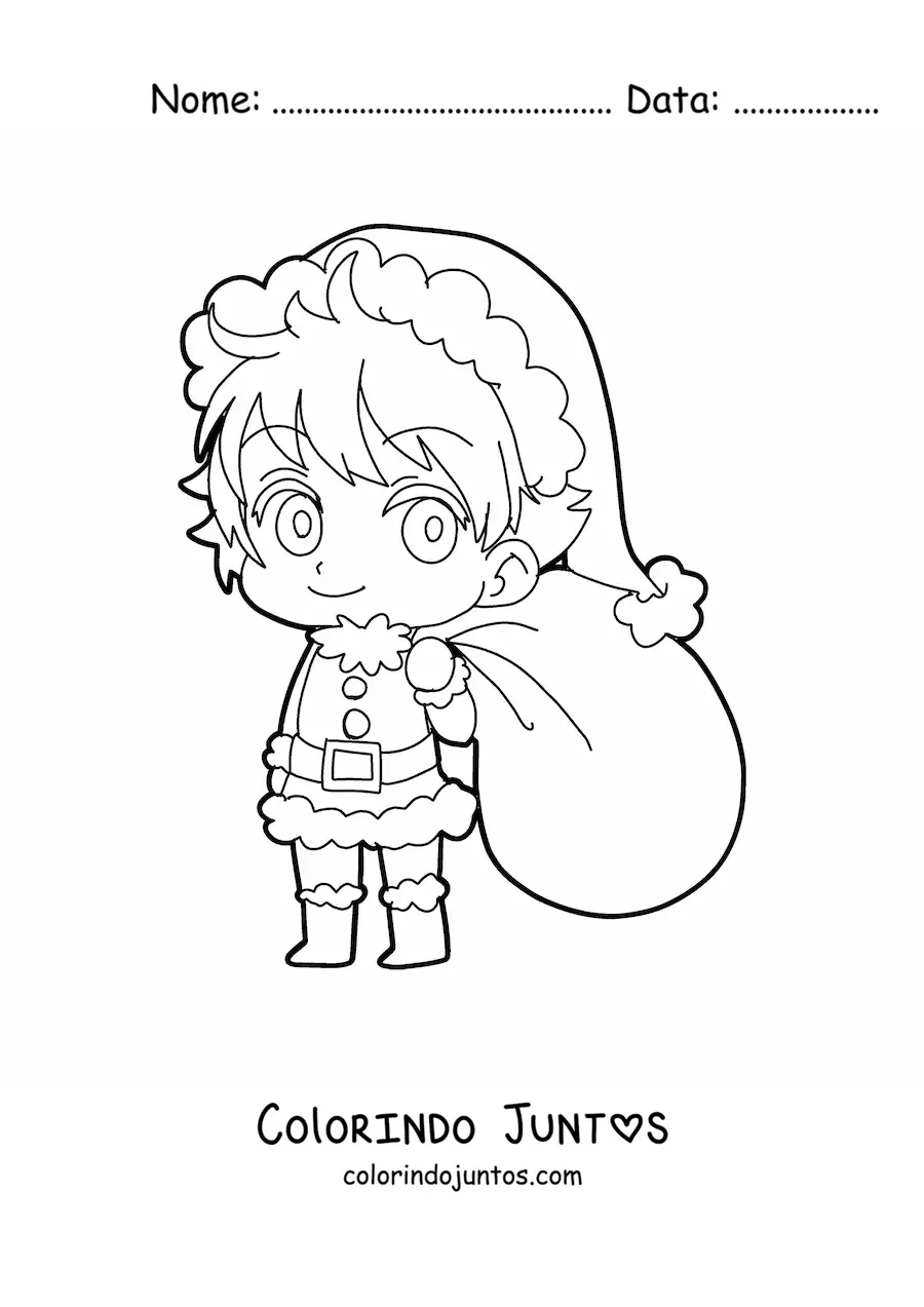 Desenho para colorir de menino kawaii com roupa natalina e saco de presentes estilo anime