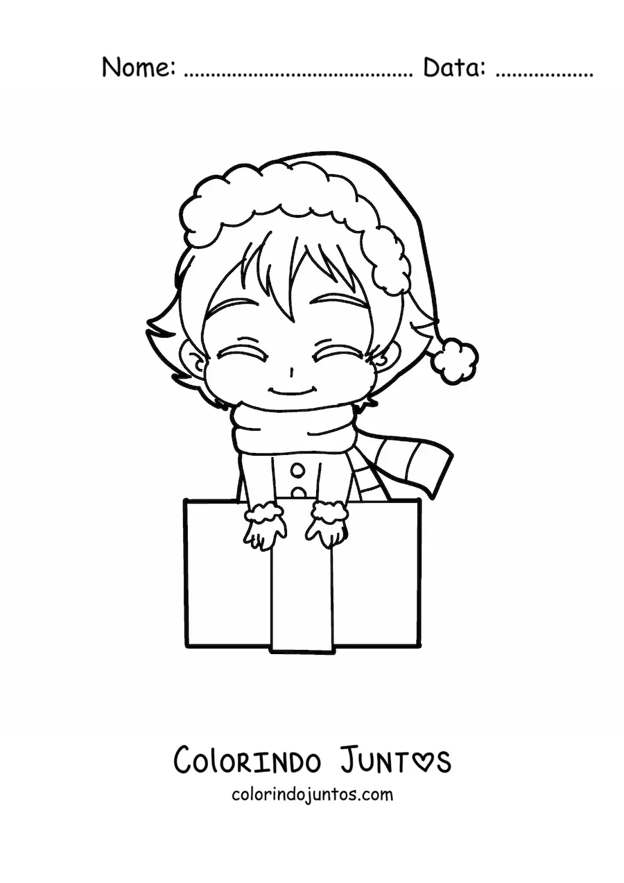 Desenho para colorir de menina kawaii com presente de Natal estilo anime