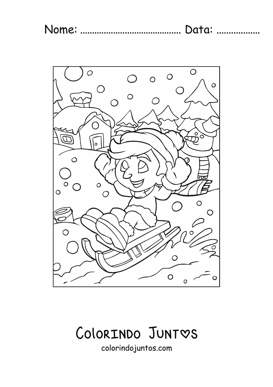 Desenho para colorir de menino deslizando num treno no Natal