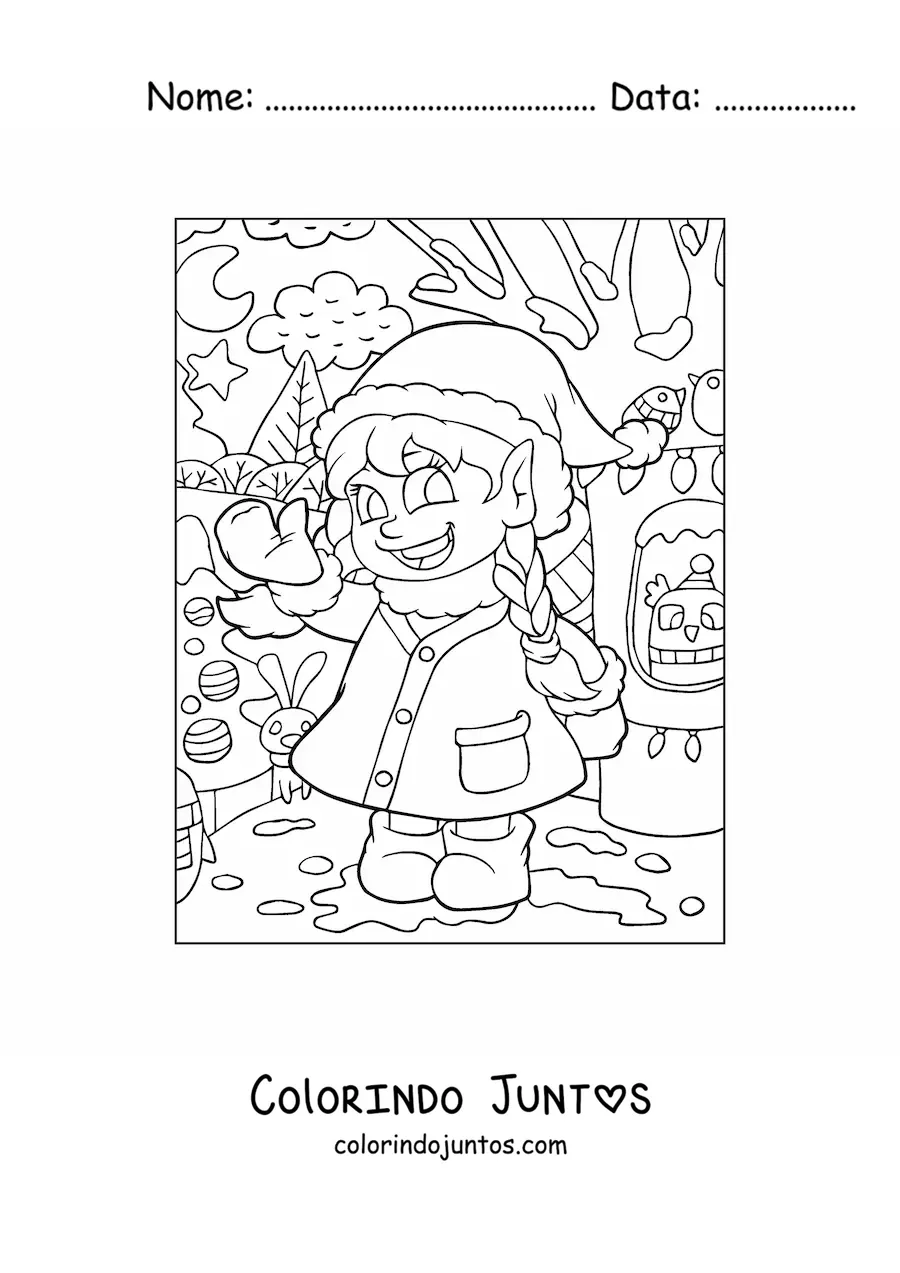 Desenho para colorir de menina brincando na neve no Natal