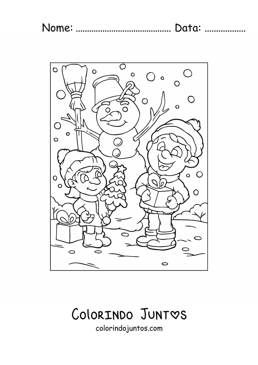 Desenho para colorir de criancas com presentes de Natal e boneco de neve