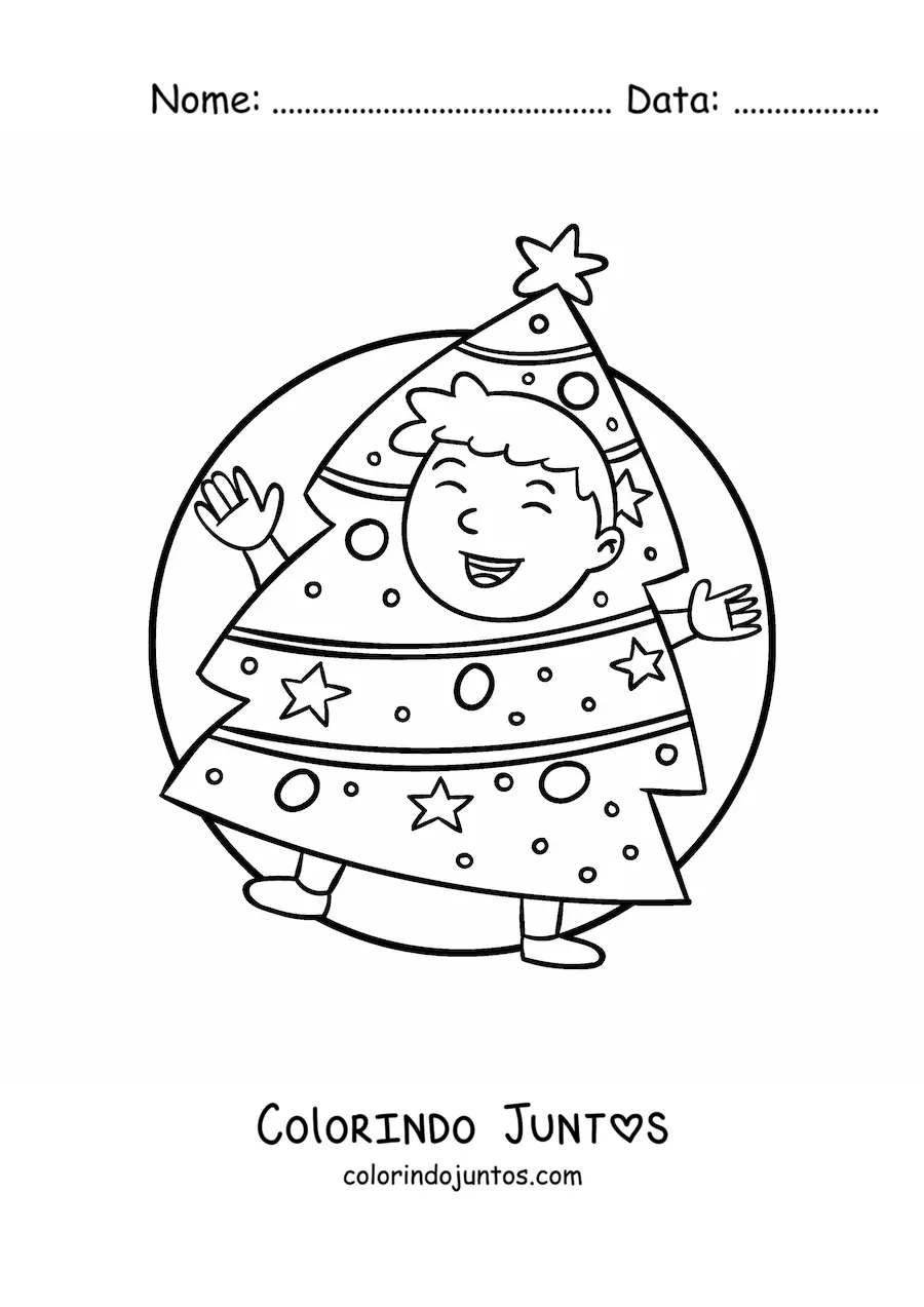 Desenho para colorir de menino fantasiado de arvore de Natal