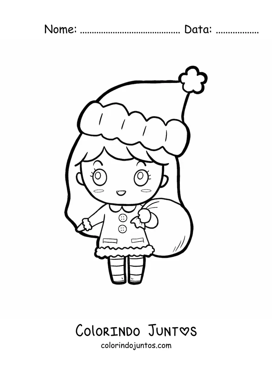 Desenho para colorir de menina kawaii com gorro de Natal e saco de presentes
