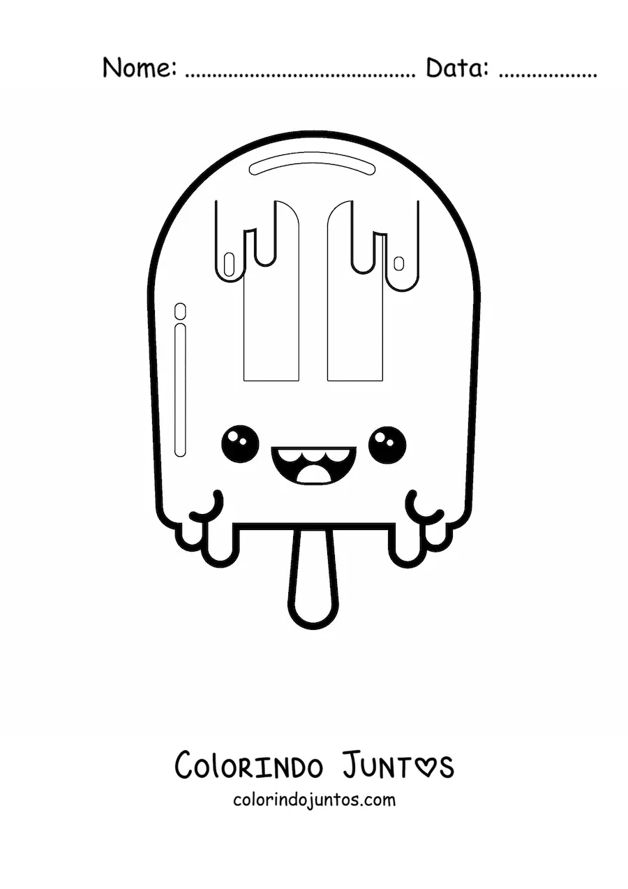 Desenho para colorir de um picolé animado kawaii derretendo