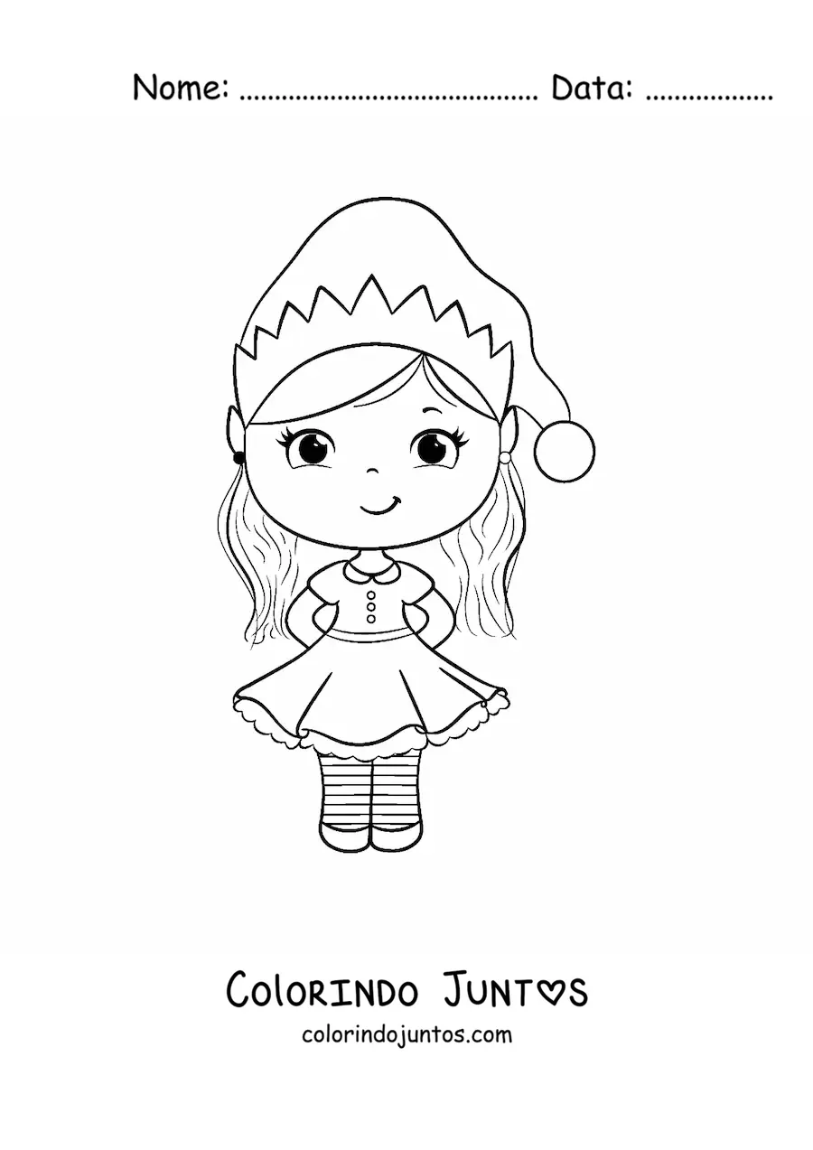 Desenho para colorir de menina com vestido de Natal