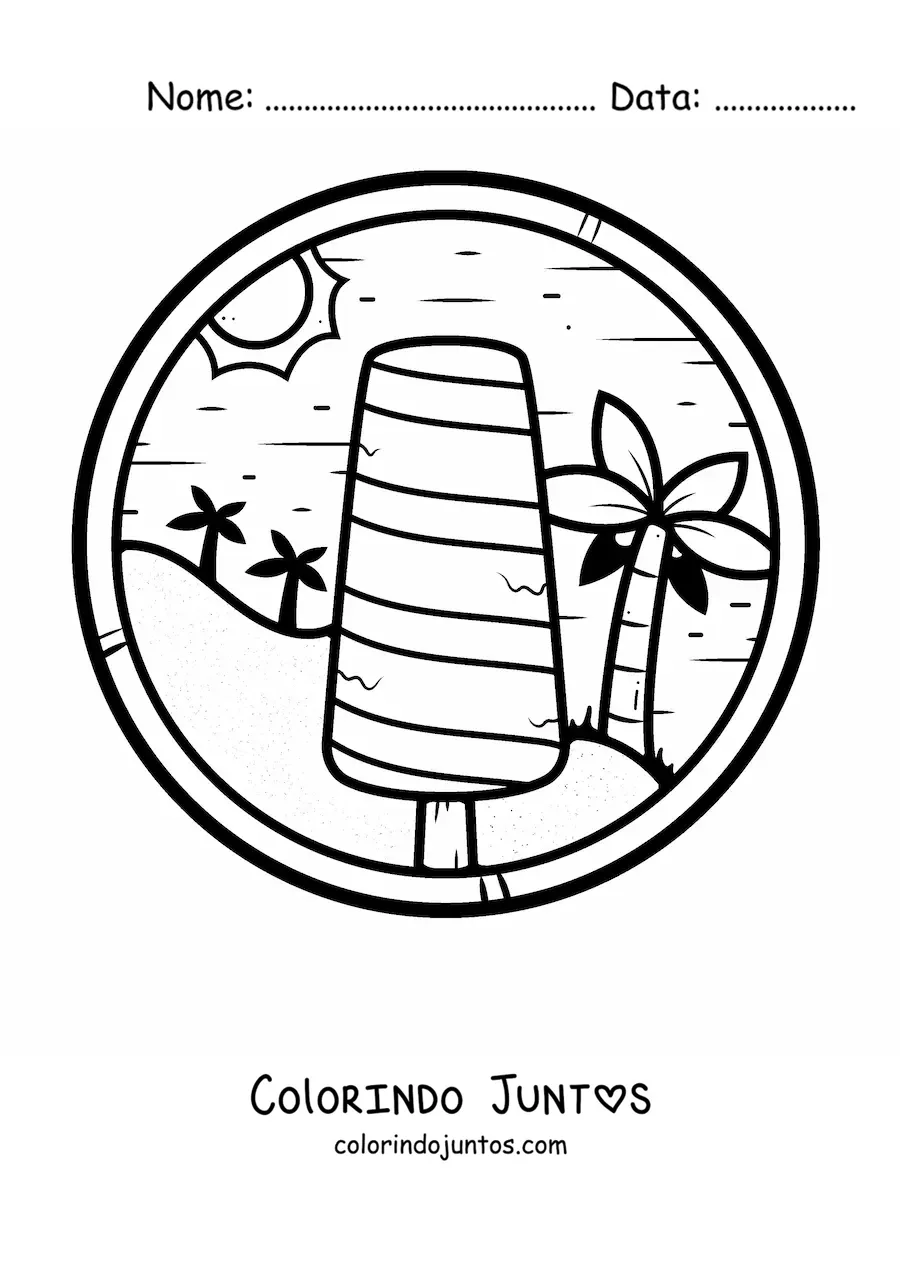 Desenho para colorir de um picolé na praia