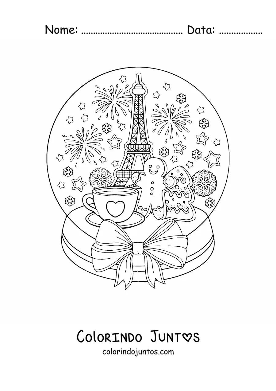 Desenho para colorir de globo de neve com paisagem de Paris