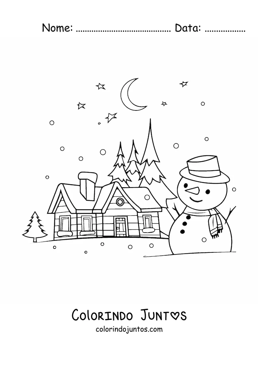 Desenho para colorir de boneco de neve com paisagem