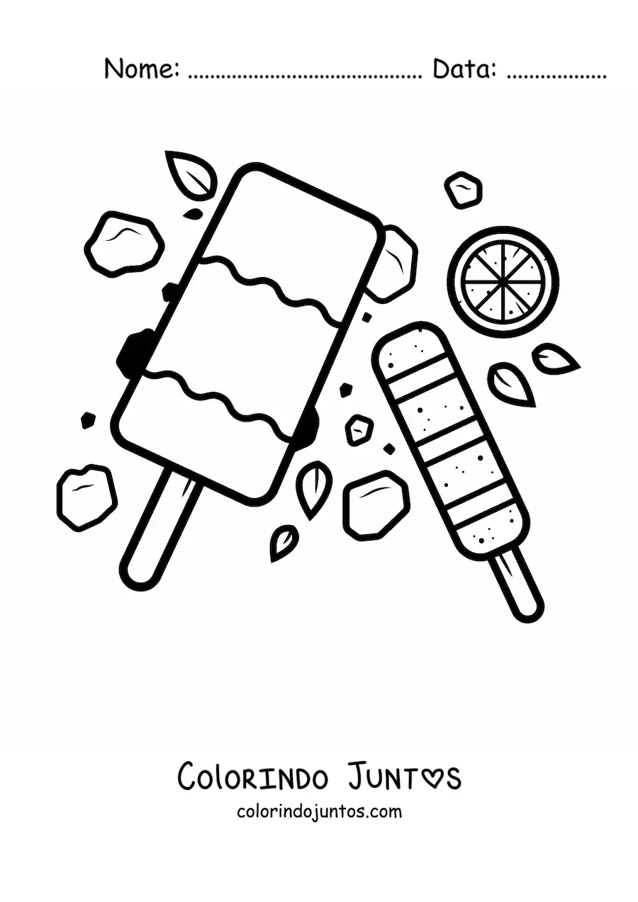 Desenho para colorir de dois picolés com uma rodela de limão