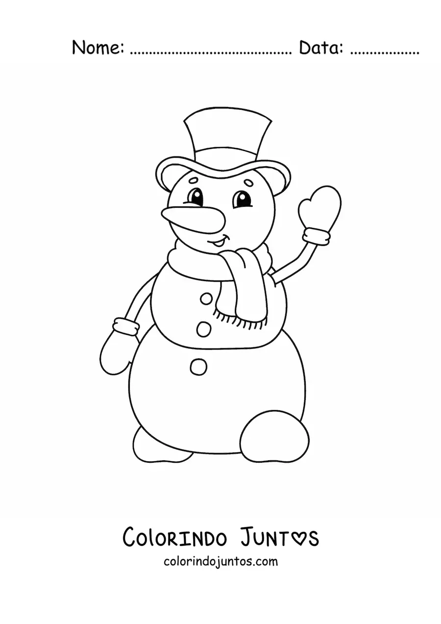 Desenho para colorir de boneco de neve animado com chapeu e cachecol