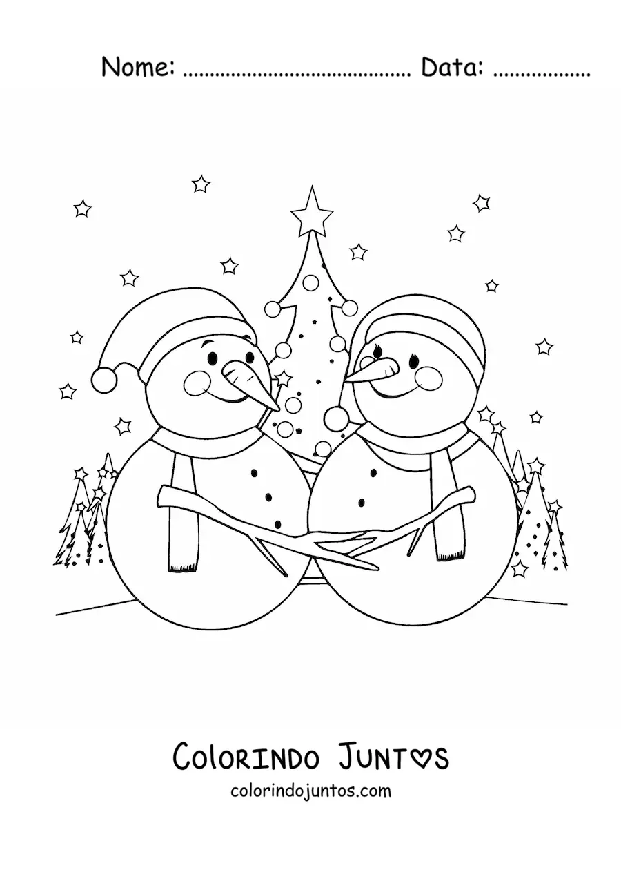 Desenho para colorir de dois bonecos de neve com paisagem