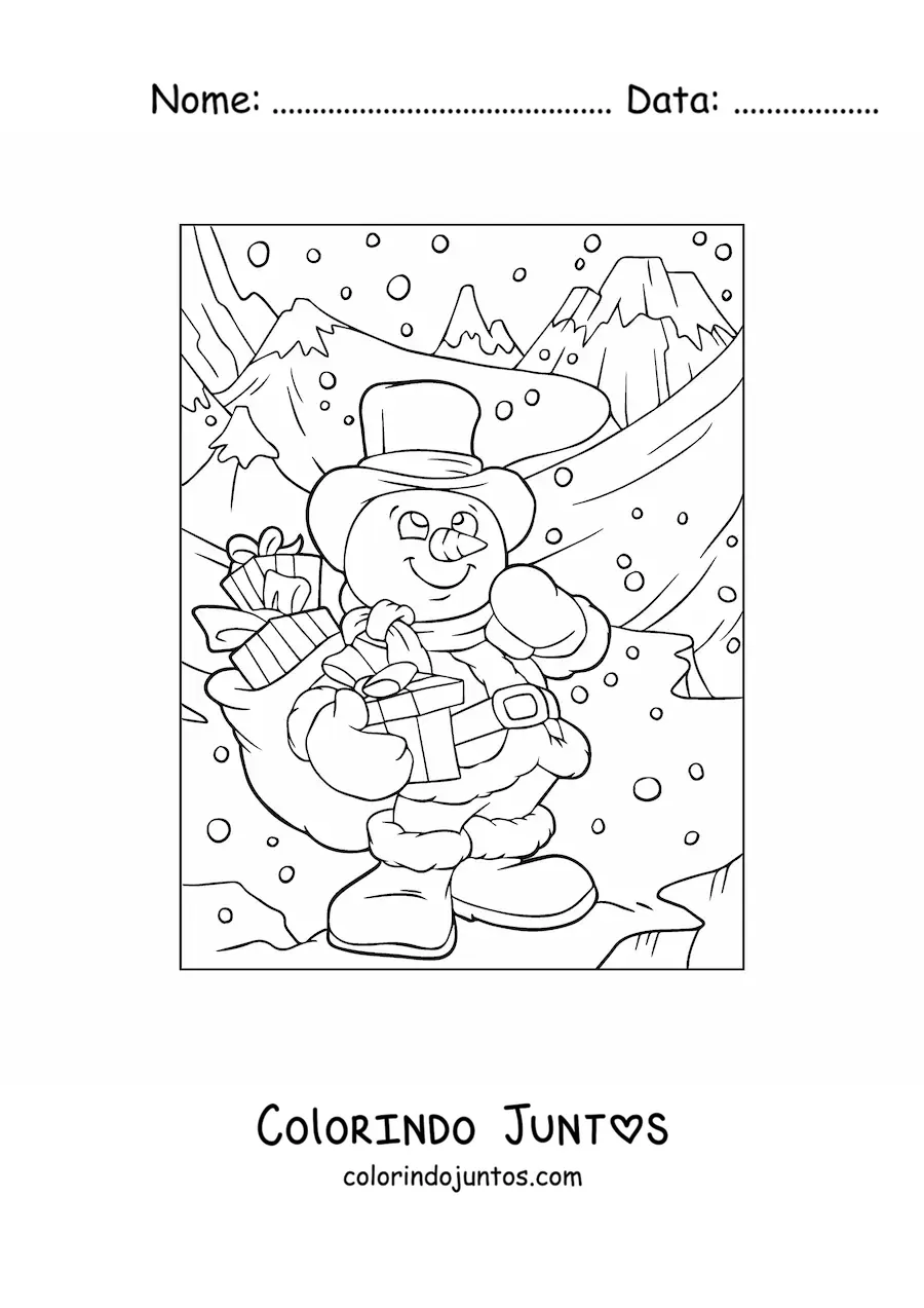 Desenho para colorir de boneco de neve com presentes