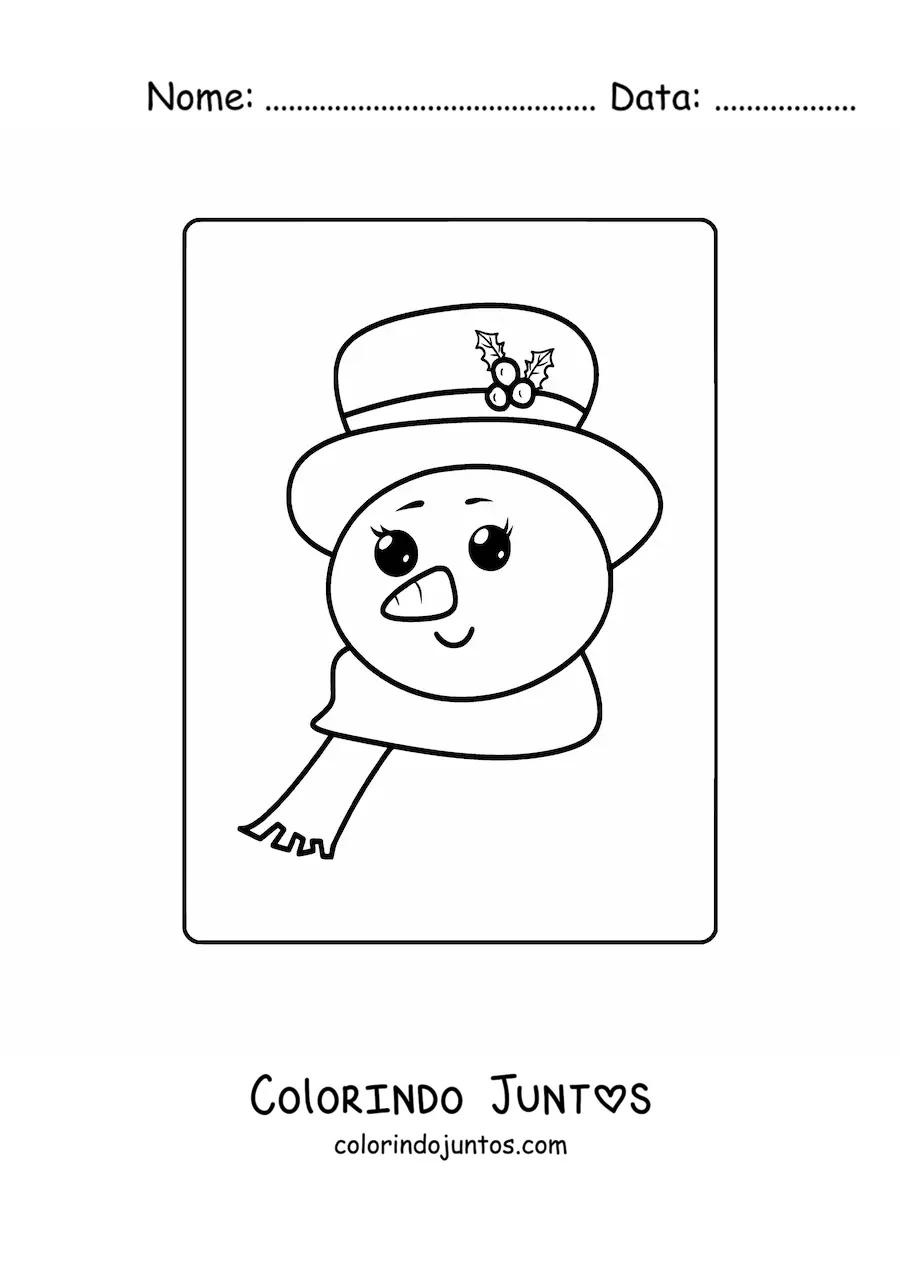 Desenho para colorir de rosto de boneco de neve kawaii com chapeu e cachecol