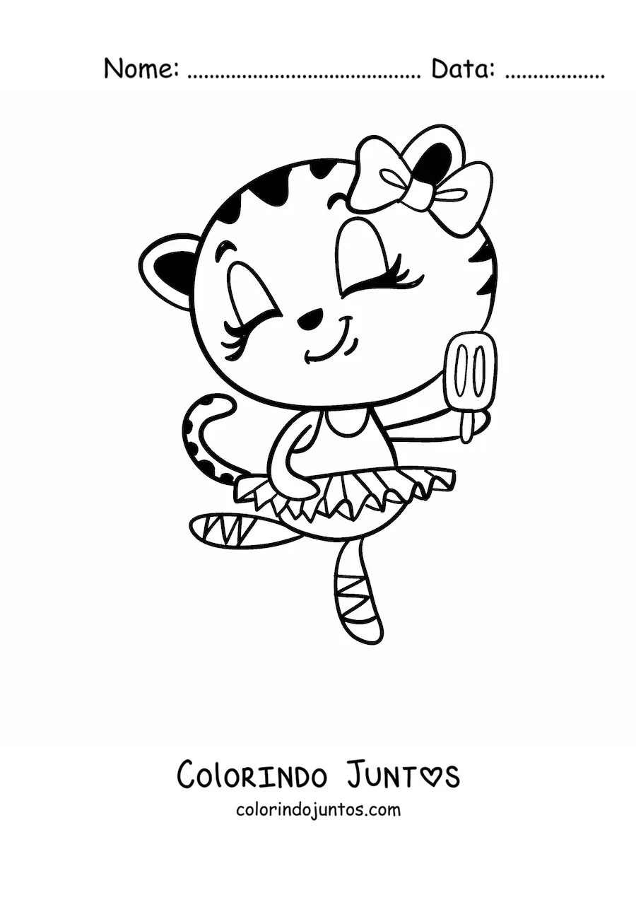 Desenho para colorir de uma gata bailarina animada comendo sorvete