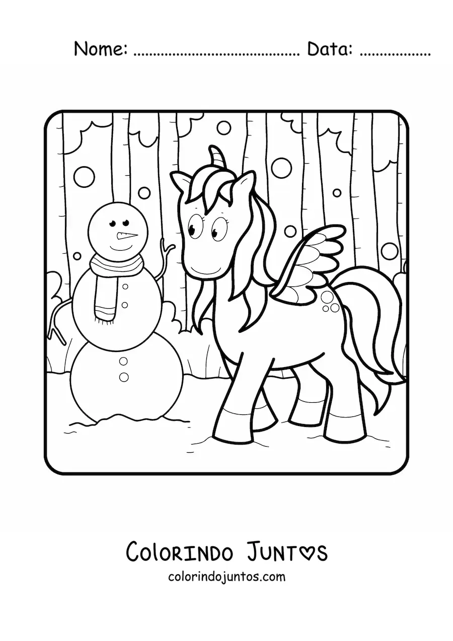 Desenho para colorir de boneco de neve com unicornio