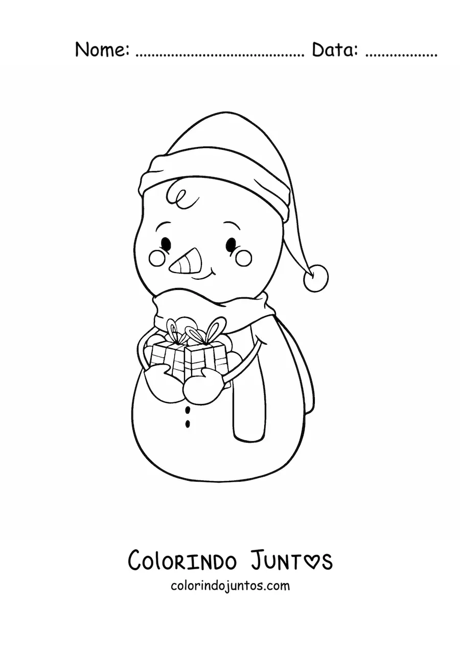 Desenho para colorir de boneco de neve kawaii com presentes