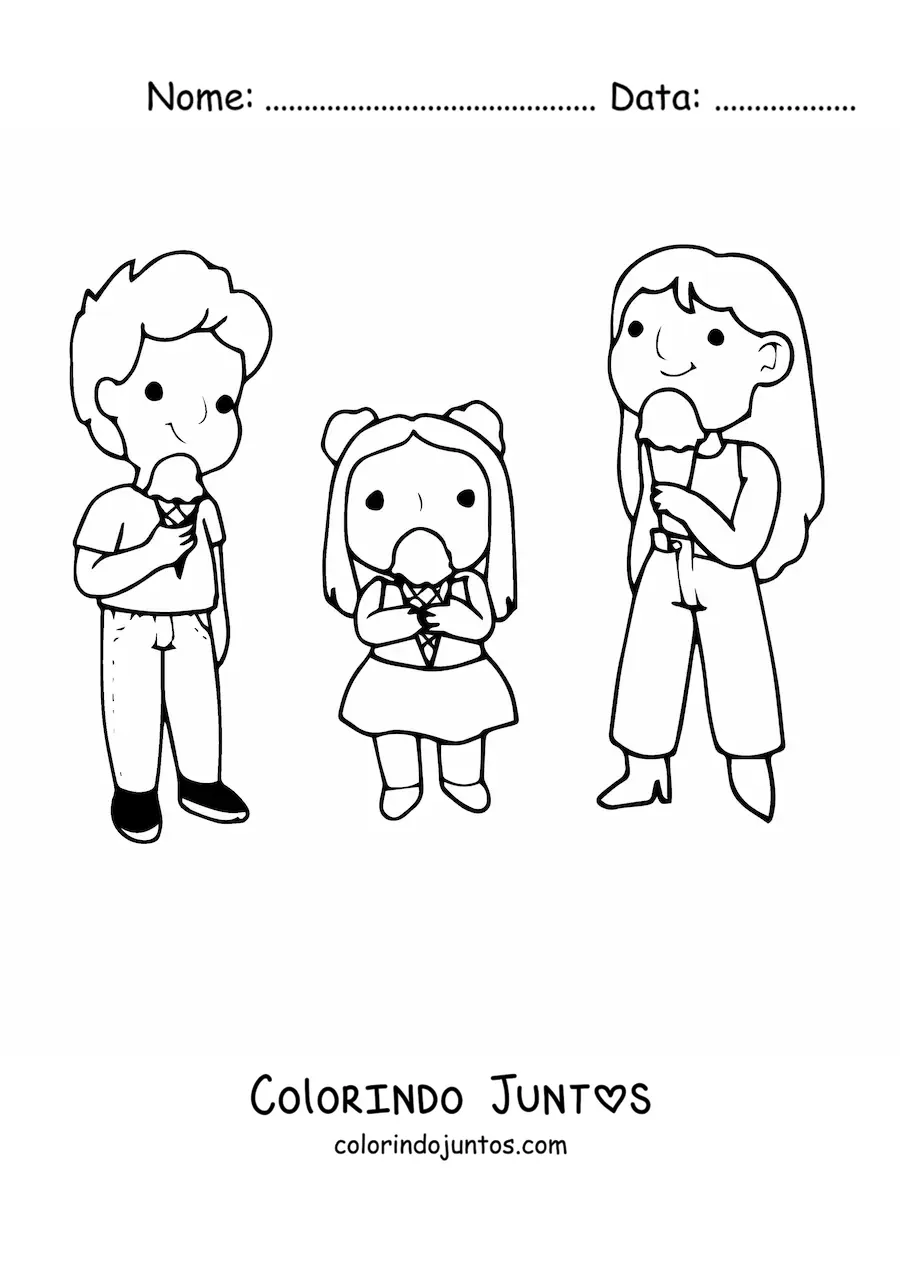 Desenho para colorir de uma família comendo sorvetes