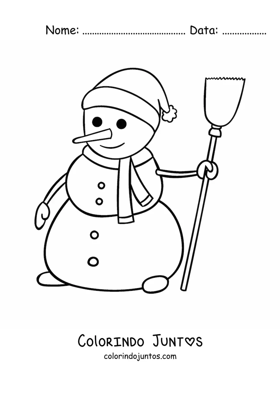 Desenho para colorir de boneco de neve grande animado com vassoura