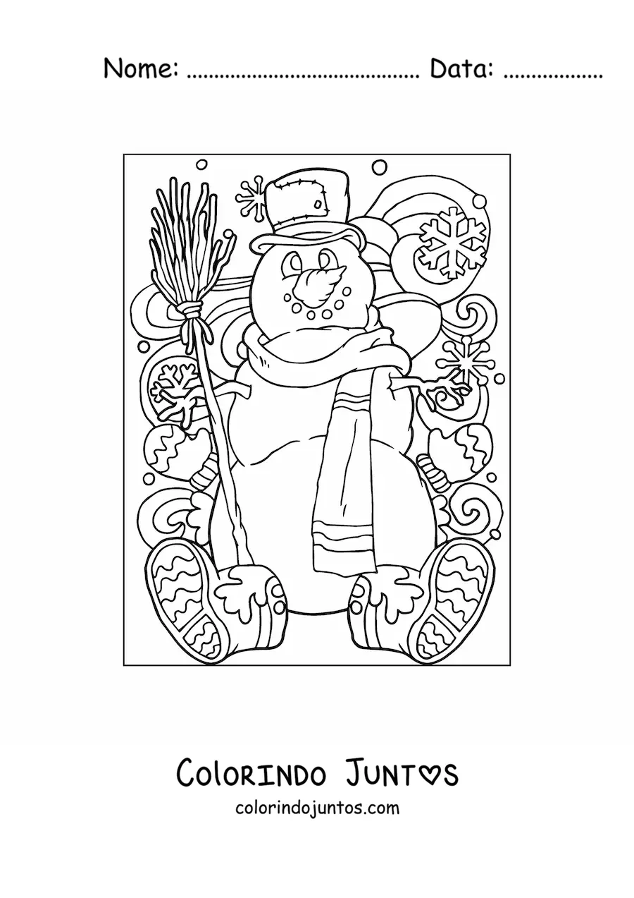 Desenho para colorir de boneco de neve com chapeu e vassoura
