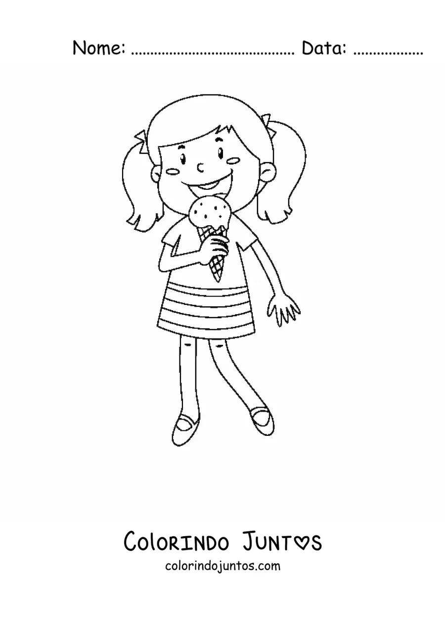 Desenho para colorir de uma menina comendo um sorvete de casquinha