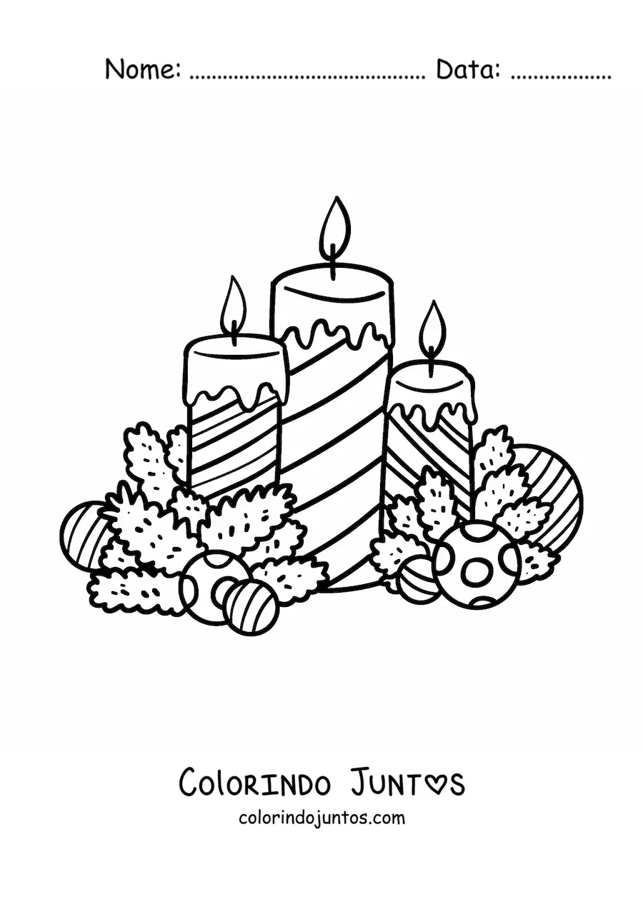 Desenho para colorir de velas de Natal com bolas e enfeites