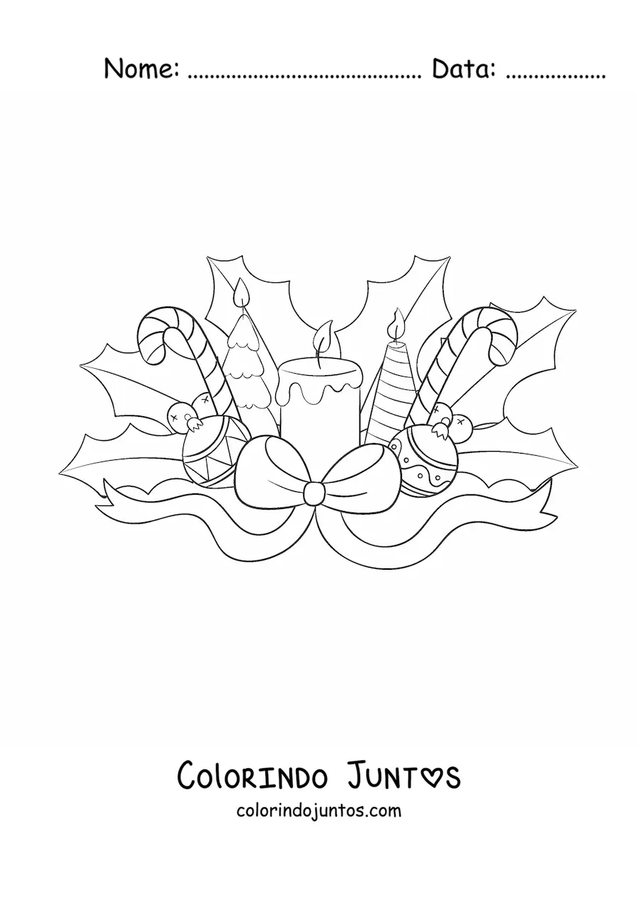 Desenho para colorir de vela de Natal com bastoes de doce e bolas