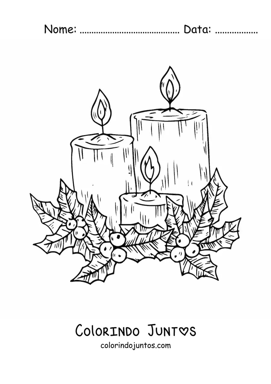 Desenho para colorir de tres velas de Natal realistas acesas