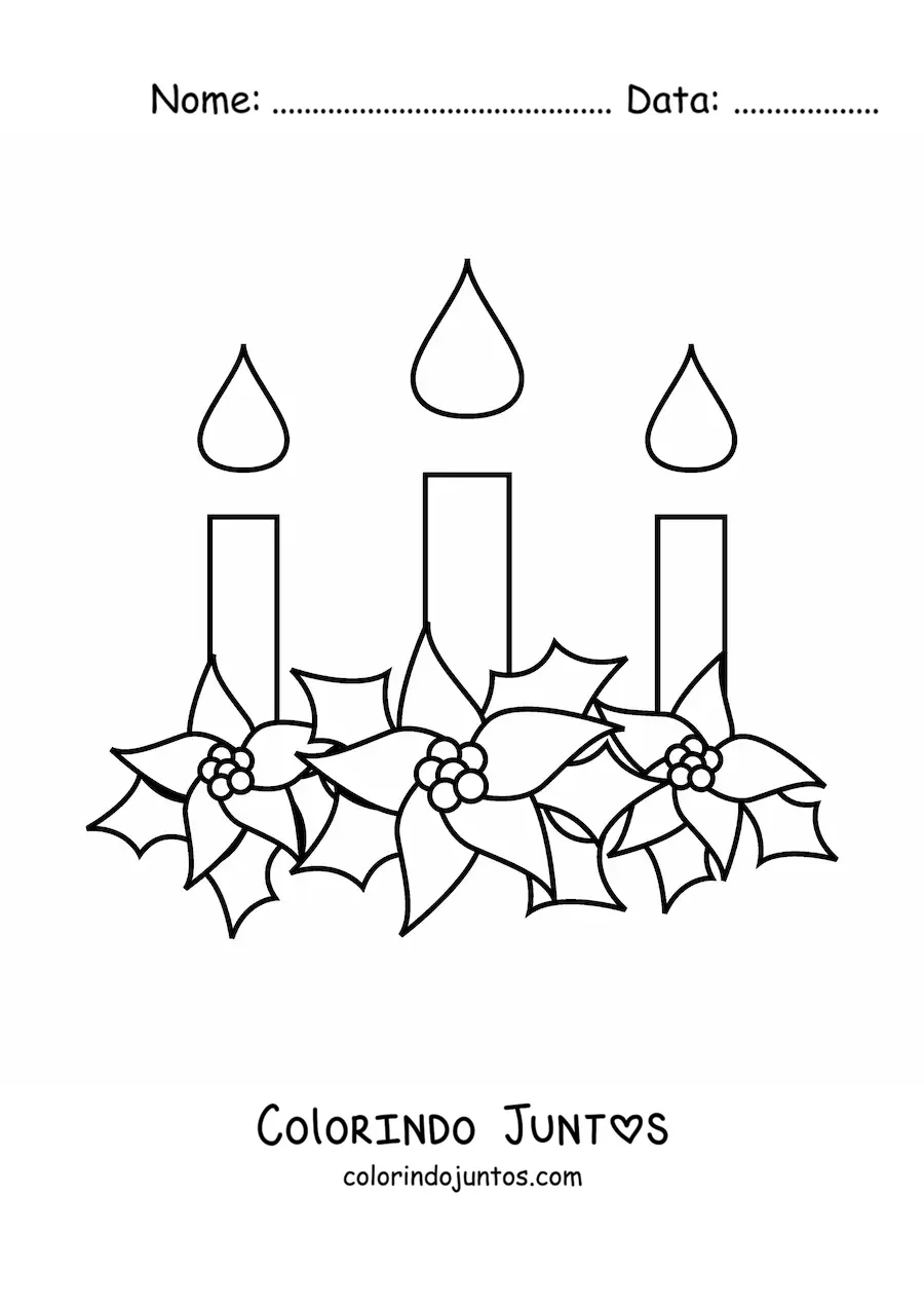 Desenho para colorir de tres velas de Natal com flores