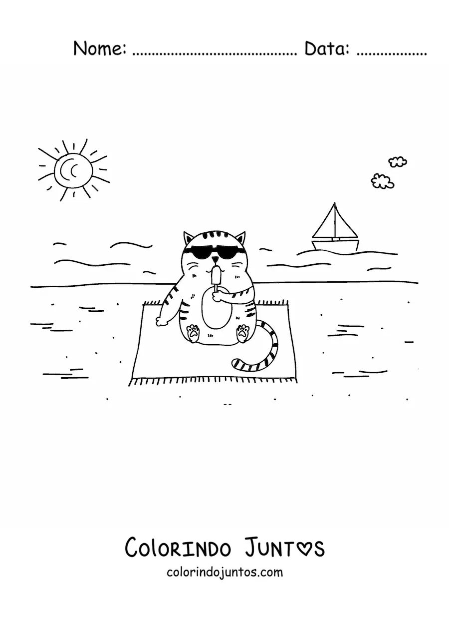 Desenho para colorir de um gato animado sentado comendo sorvete na praia