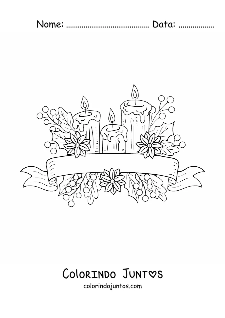 Desenho para colorir de velas de Natal com folhas e flores