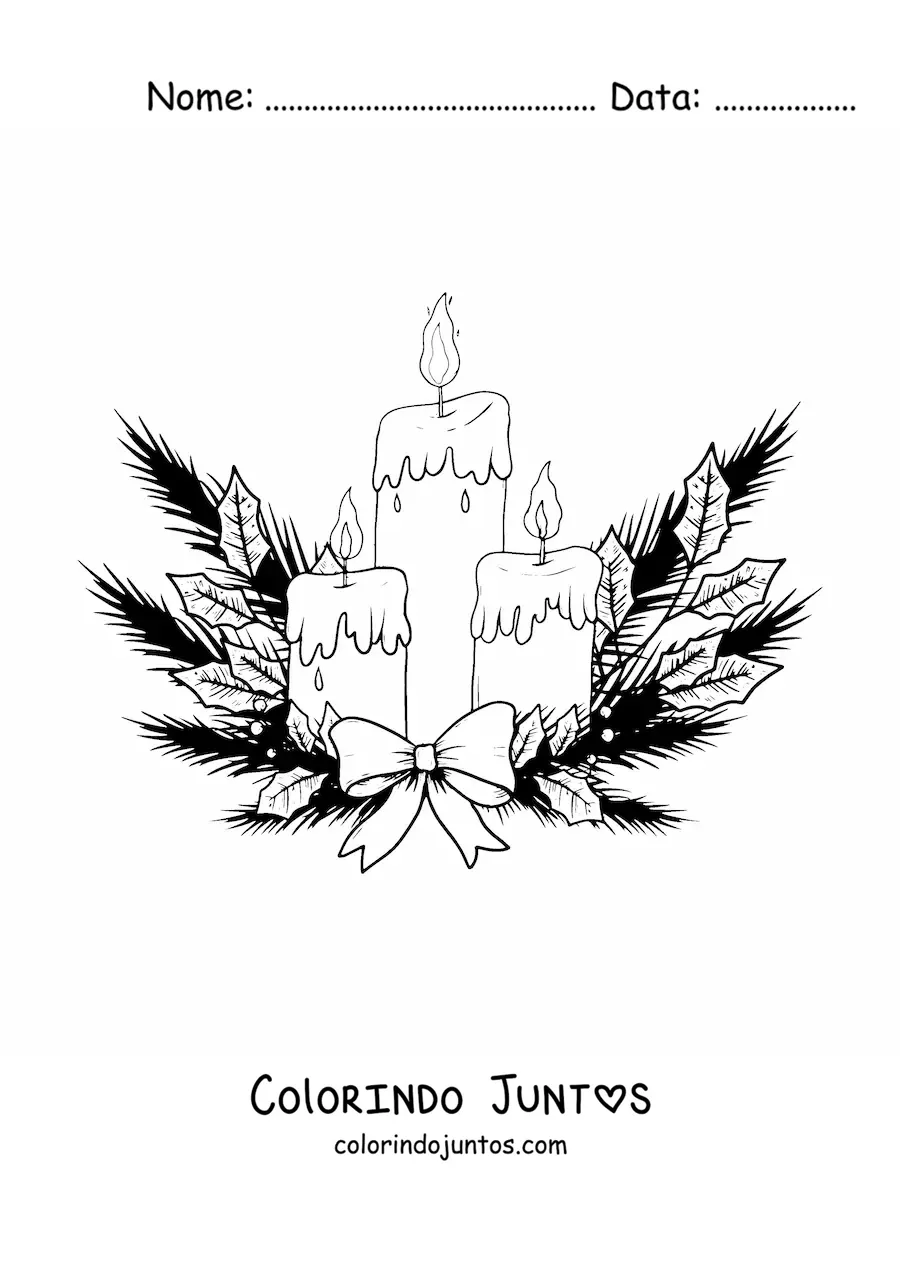Desenho para colorir de velas de Natal com galhos de pinheiro
