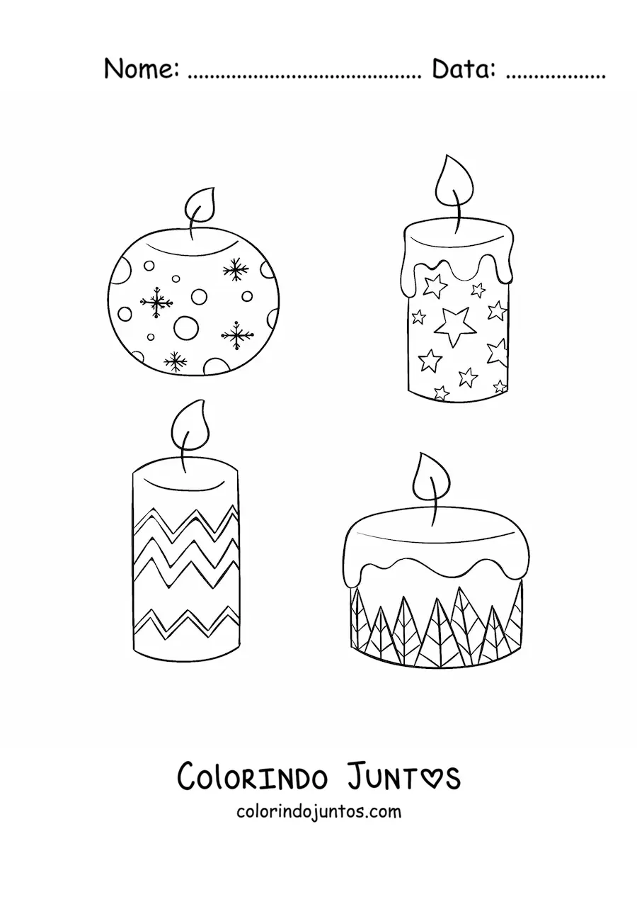 Desenho para colorir de velas de Natal decoradas com motivos natalinos
