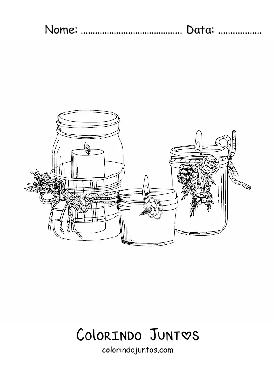 Desenho para colorir de velas de Natal realistas em potes
