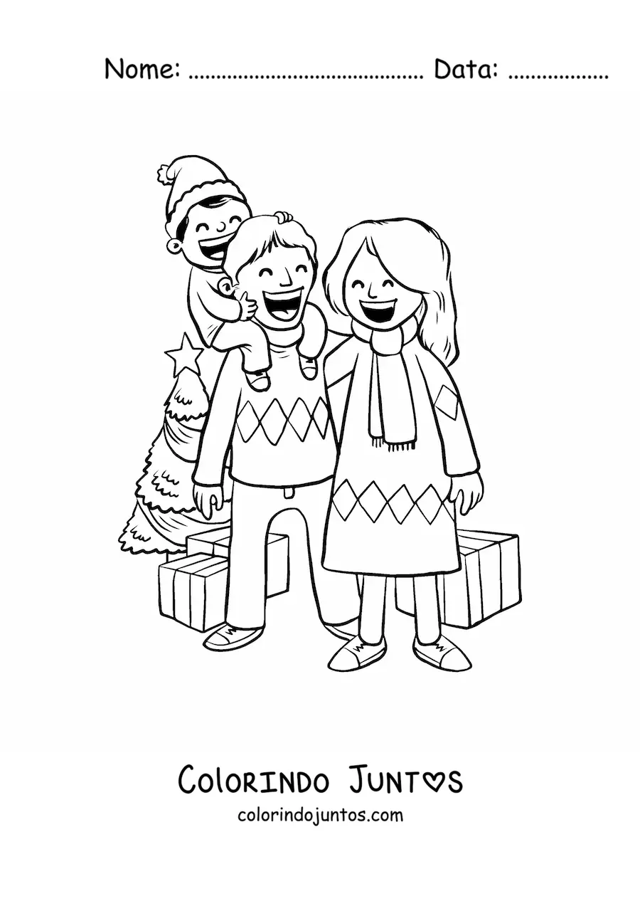 Desenho para colorir de familia com menino celebrando o Natal junto a arvorezinha