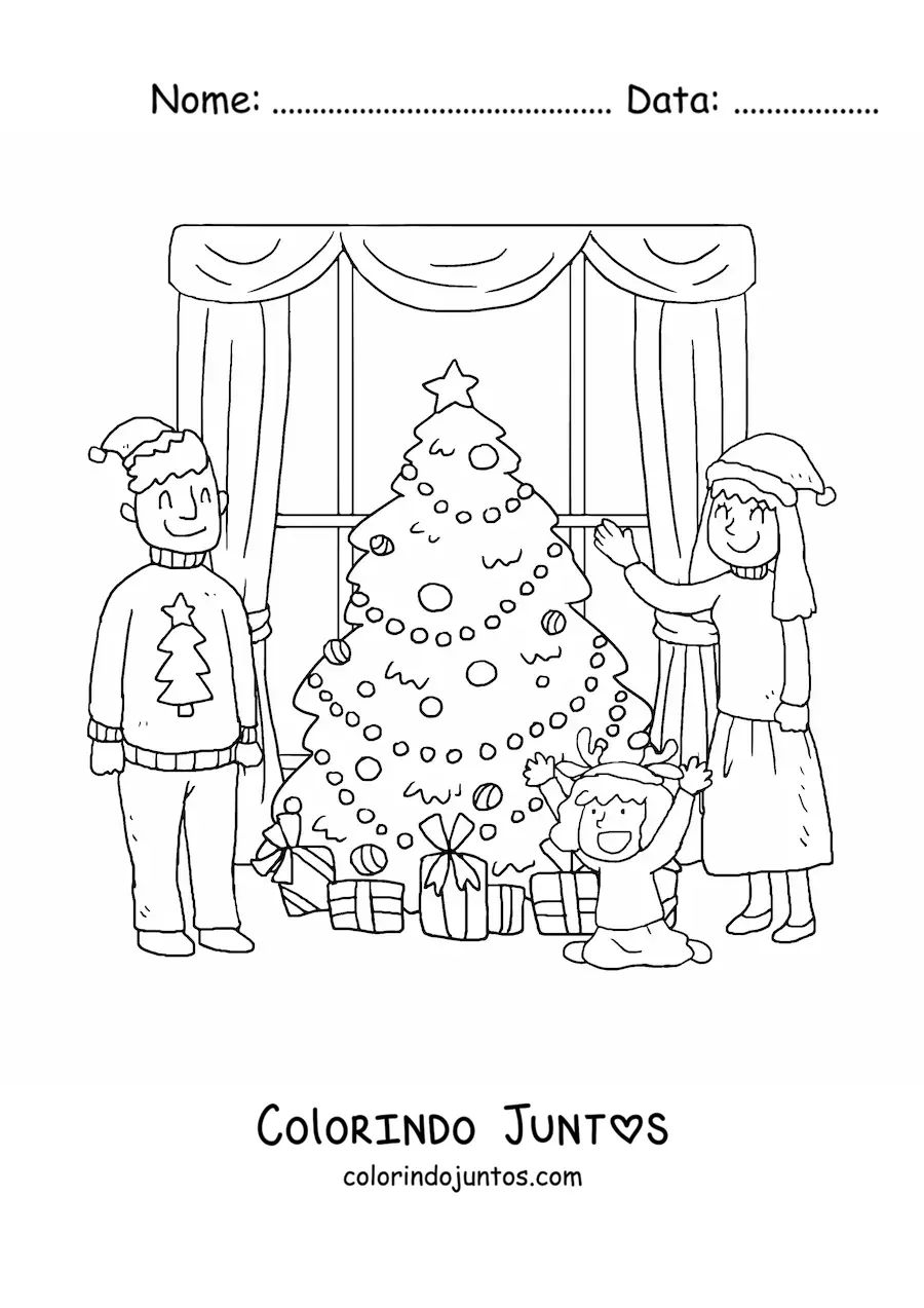 Desenho para colorir de familia com menina celebrando o Natal em casa junto a arvorezinha